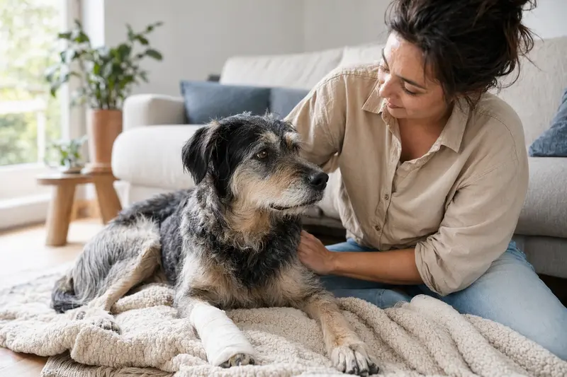 Ein Lacy Dog liegt mit leicht verbundenem Vorderbein ruhig auf einer Decke neben seinem erleichterten Besitzer in einer hellen Wohnung.