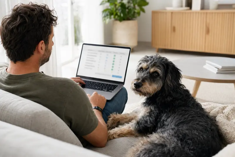 Ein Hundebesitzer sitzt auf dem Sofa mit einem Laptop, während ein Lacy Dog neben ihm entspannt liegt und eine Versicherungsvergleichsseite anzeigt.