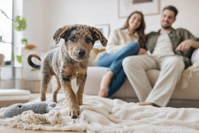 Ein junger Lacy Dog Welpe entdeckt neugierig sein neues Zuhause auf einer weichen Decke zwischen Spielzeug und seiner liebevollen Familie.