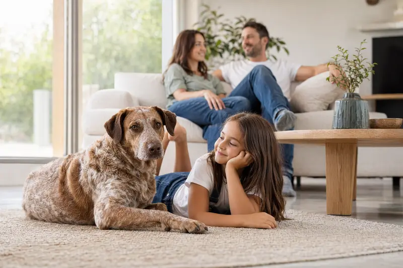 Ein Lacy Game Dog liegt entspannt neben einem Kind im Wohnzimmer, während die Eltern im Hintergrund stehen und die sichere Familienatmosphäre die Hundekrankenversicherung als Schutzthema unterstreicht.