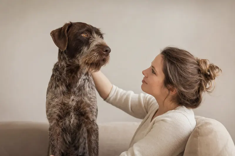 Ein aufmerksamer Lacy Game Dog steht in natürlicher Haltung vor hellem neutralem Hintergrund.