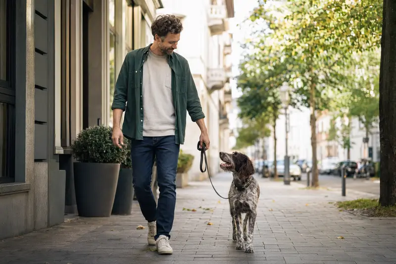 Ein Lacy Game Dog läuft an der Leine mit seinem Besitzer durch eine moderne Stadtstraße in entspannter Alltagssituation.