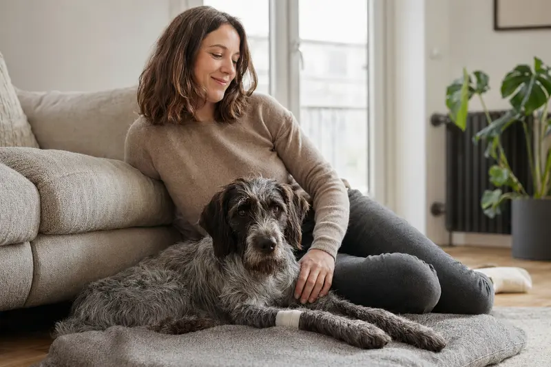 Ein Lacy Game Dog mit leichtem Verband an der Pfote liegt entspannt auf einer Decke, während sein Besitzer neben ihm sitzt und erleichtert wirkt.