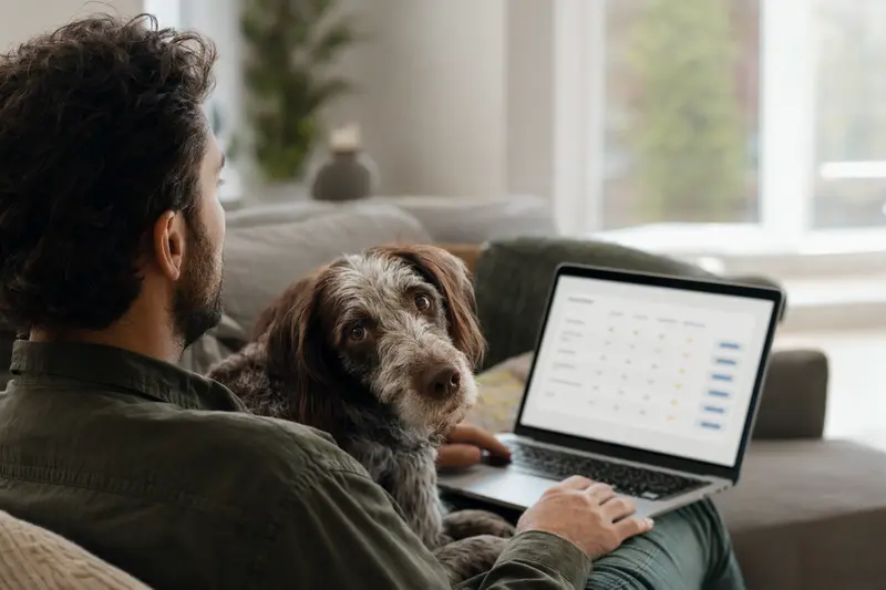 Besitzer am Laptop auf dem Sofa mit Lacy Game Dog Hund, zeigt neutrale Versicherungsvergleichsseite.