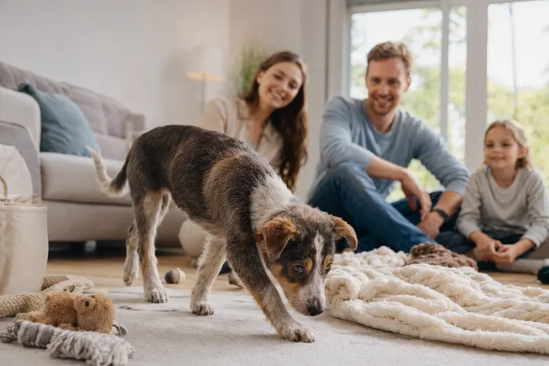Ein neugieriger Lacy Game Dog Welpe erkundet vorsichtig sein neues Zuhause mit einer weichen Decke und Spielzeug, während eine liebevolle Familie im Hintergrund sichtbar ist.