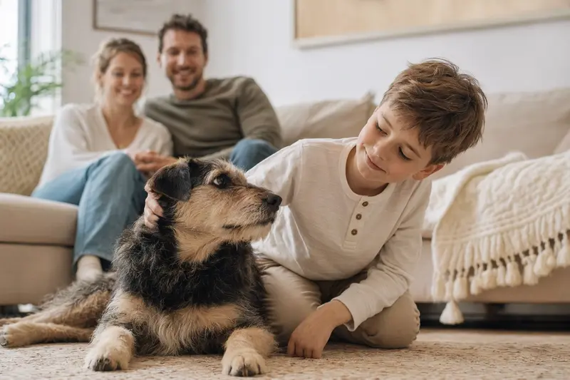 Ein Lacy Hog Dog liegt entspannt neben einem Kind im Wohnzimmer und vermittelt eine sichere Familienatmosphäre.