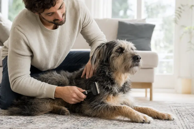 Ein Lacy Hog Dog wird in einer hellen Wohnung sanft gebürstet, während sein Besitzer liebevoll die Fellpflege übernimmt.
