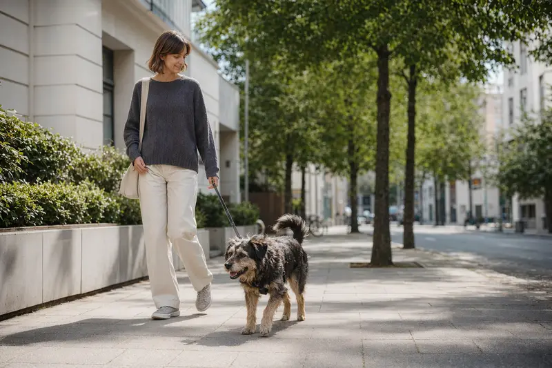 Ein Lacy Hog Dog läuft entspannt an der Leine mit seinem Besitzer durch eine moderne Stadtstraße.