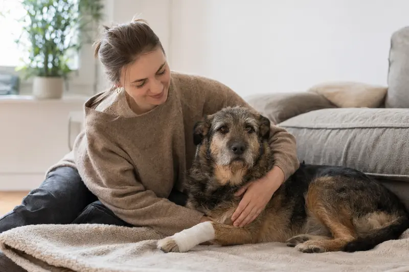 Ein Lacy Hog Dog liegt mit leicht verbundenen Pfote ruhig auf einer Decke, während sein Besitzer erleichtert neben ihm sitzt.