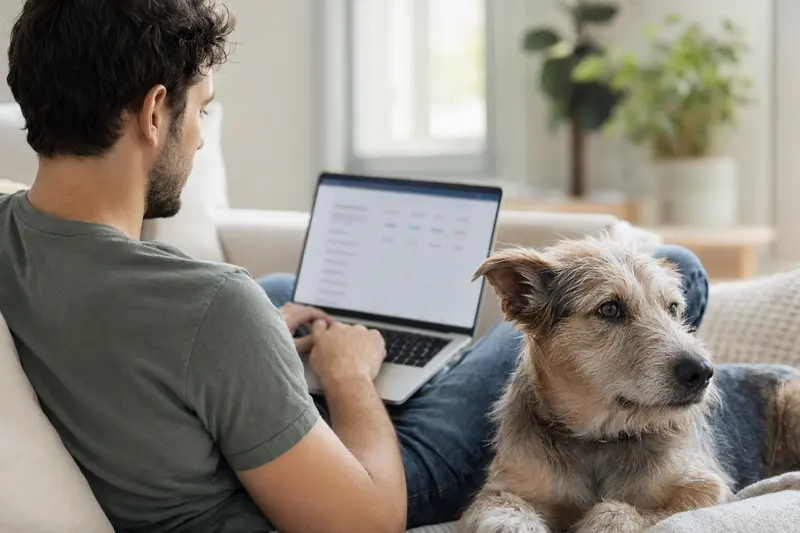 Ein Hundehalter sitzt mit einem Lacy Hog Dog auf dem Sofa und vergleicht Versicherungen am Laptop.
