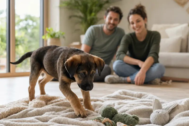 Ein junger Lacy Hog Dog Welpe entdeckt neugierig sein neues Zuhause in einer hellen Wohnung mit weicher Decke und Spielzeug.