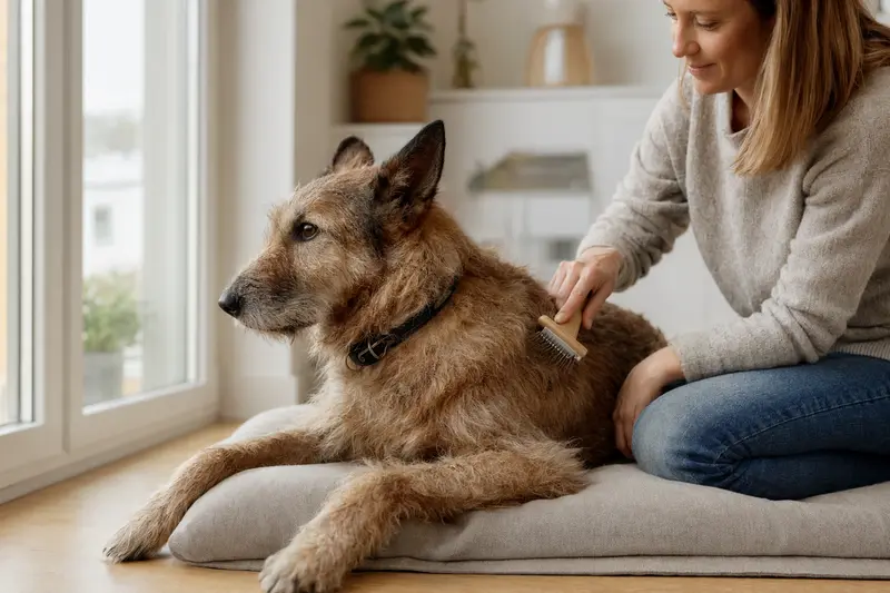 Ein Laekenois wird in einer hellen Wohnung von seinem Besitzer sanft gebürstet und gepflegt.