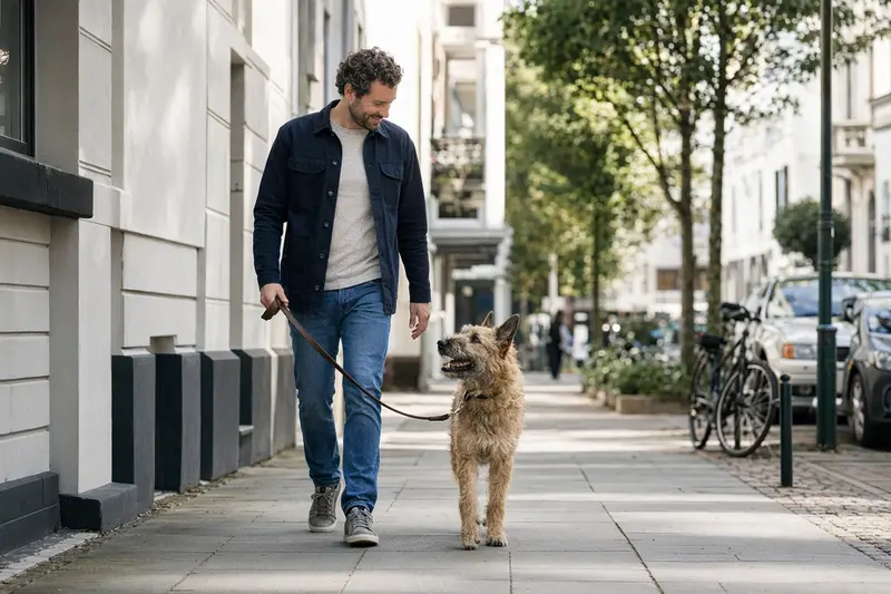Ein Laekenois Hund läuft entspannt an der Leine mit seinem Besitzer durch eine freundliche moderne Stadtstraße.