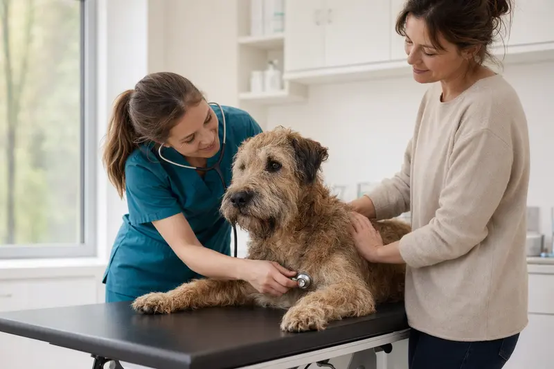Eine freundliche Tierärztin untersucht behutsam einen ruhigen Laekenois Hund auf einem modernen Untersuchungstisch.