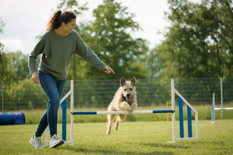 Ein aktiver Laekenois trainiert mit seinem Besitzer auf einem Hundeplatz über eine kleine Hürde.
