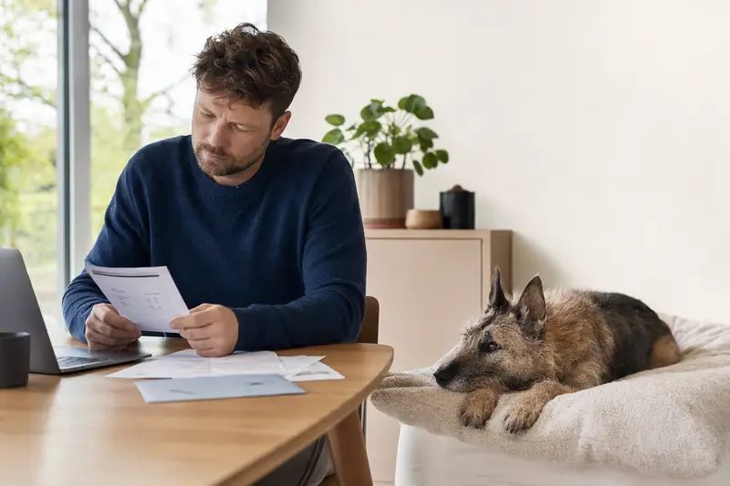 Ein Hundebesitzer sitzt mit einer Tierarztrechnung am Tisch, während ein entspannter Laekenois auf einer Decke liegt und das Thema Hundekrankenversicherung ruhig veranschaulicht.
