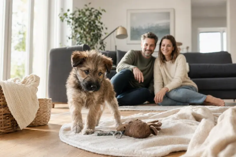Ein junger Laekenois Welpe erkundet neugierig sein neues Zuhause mit liebevoller Familie im Hintergrund.