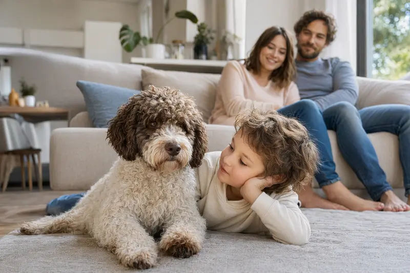 Ein Lagotto Romagnolo liegt entspannt neben einem Kind im hellen Wohnzimmer, während die Eltern im Hintergrund eine sichere Familienatmosphäre schaffen.