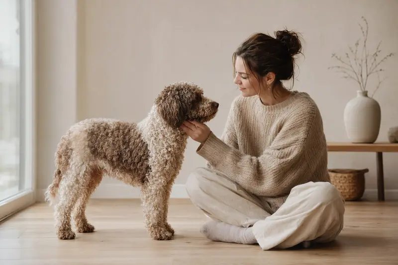 Ein Lagotto Romagnolo steht aufmerksam vor hellem Hintergrund und zeigt die typische Fellstruktur der Rasse in einem realistischen Hundeportrait.
