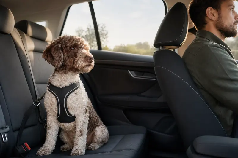 Ein Lagotto Romagnolo sitzt sicher angeschnallt auf der Rückbank eines Autos, während der Fahrer ruhig unterwegs ist.