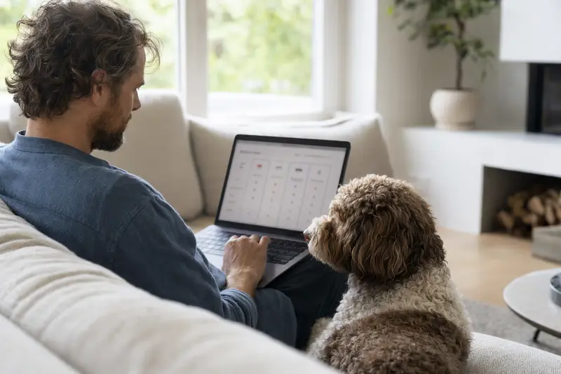 Ein Besitzer sitzt mit Laptop auf dem Sofa, während sein Lagotto Romagnolo Hund daneben entspannt. Der Bildschirm zeigt eine neutrale Versicherungsvergleichs-Oberfläche.