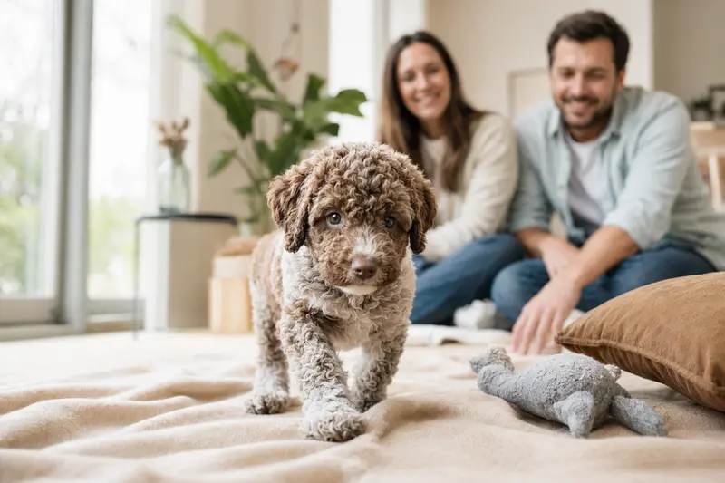 Ein neugieriger Lagotto Romagnolo Welpe entdeckt in seiner neuen Wohnung eine weiche Decke und Spielzeug, während seine liebevolle Familie im Hintergrund zu sehen ist.