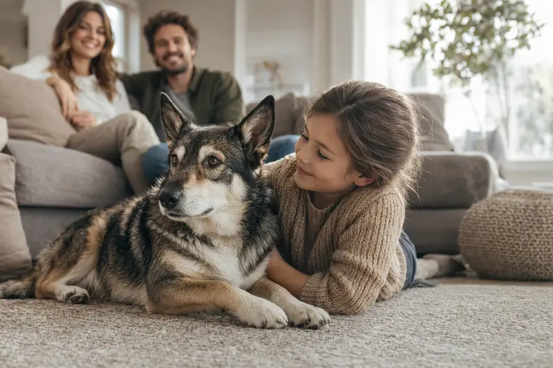 Ein freundlicher Laika liegt entspannt neben einem Kind im hellen Wohnzimmer, während die Eltern im Hintergrund eine sichere Familienatmosphäre schaffen.