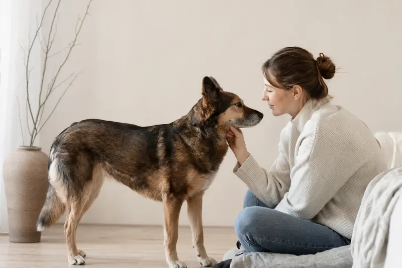 Ein aufmerksamer Laika Hund steht in natürlicher Haltung vor hellem, neutralem Hintergrund.