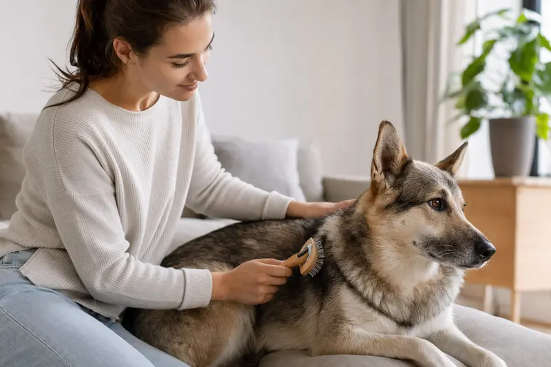 Ein Laika Hund wird in einer hellen Wohnung sanft gebürstet, während sein Besitzer liebevoll die Fellpflege übernimmt.