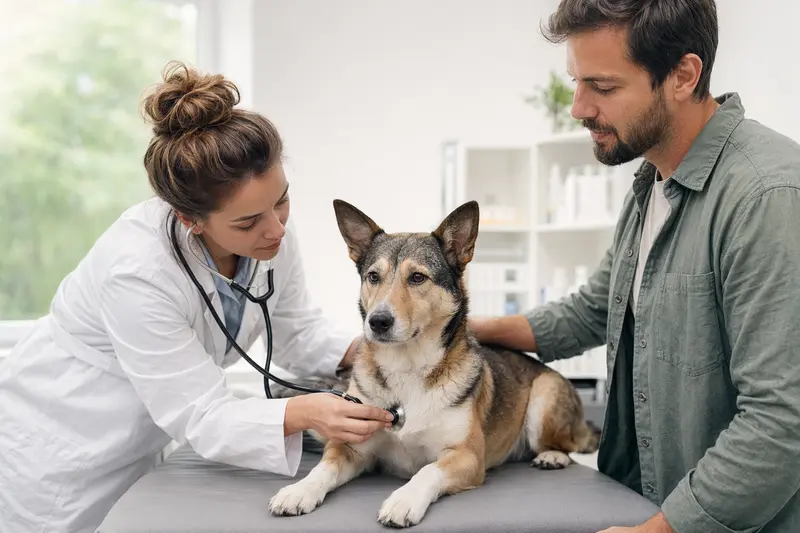 Ein Laika Hund wird behutsam von einer Tierärztin mit einem Stethoskop in einer modernen Praxis untersucht, während der Besitzer beruhigend daneben steht.