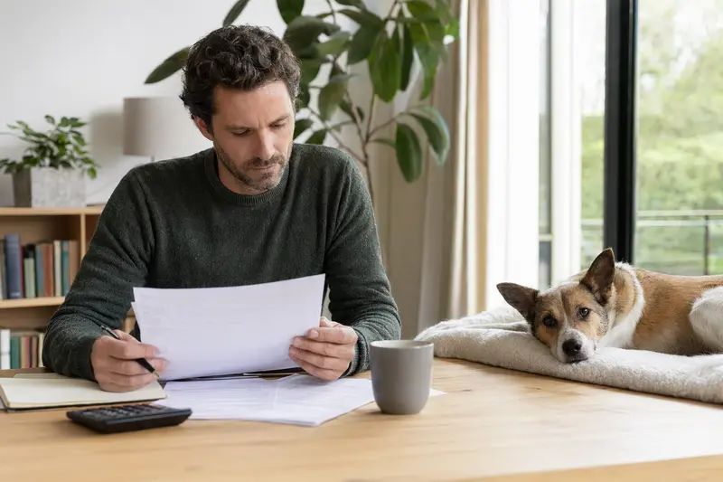Ein Hundebesitzer sitzt mit einer Tierarztrechnung am Tisch, während ein entspannter Laika auf einer Decke neben ihm liegt, passend zum Thema Tierarztkosten und Hundeversicherung.