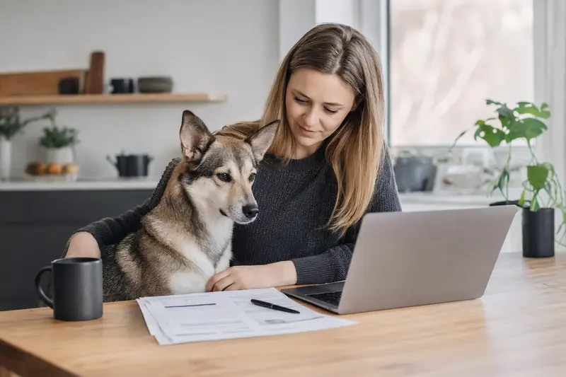 Ein Laika Hund sitzt ruhig neben seinem Besitzer am Küchentisch, auf dem Versicherungsunterlagen und ein Laptop liegen.