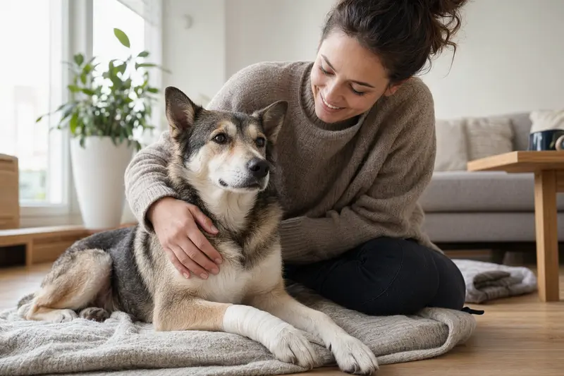 Laika Hund mit Verband an der Pfote liegt entspannt auf einer Decke neben seinem erleichterten Besitzer.