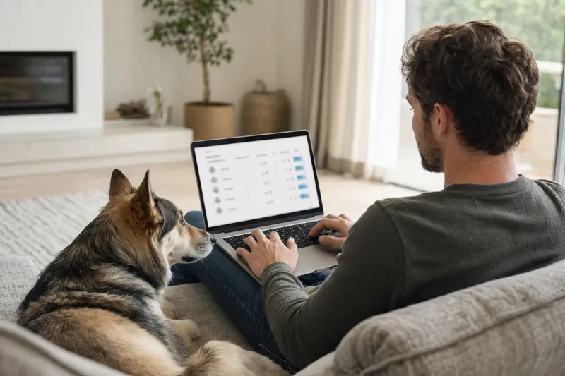 Ein Hundebesitzer arbeitet am Laptop auf dem Sofa, während sein Laika-Hund entspannt daneben liegt, was die einfache Entscheidung für eine Tierversicherung suggeriert.