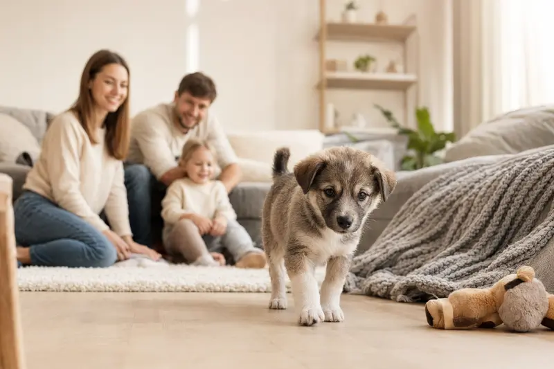 Ein junger Laika Welpe erkundet neugierig sein neues Zuhause mit einer liebevollen Familie im Hintergrund.