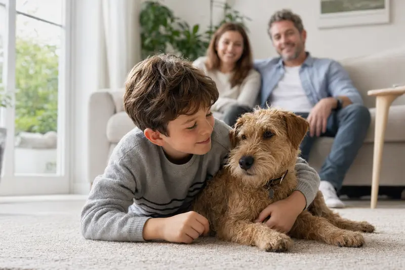 Ein freundlicher Lakeland-Terrier liegt entspannt neben einem Kind im Wohnzimmer, während die Eltern im Hintergrund eine warme Familienatmosphäre schaffen.