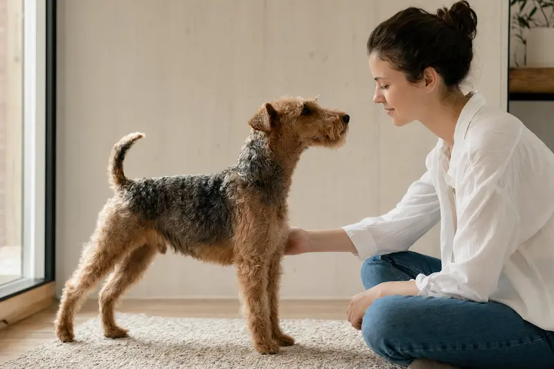 Lakeland-Terrier steht aufmerksam in natürlicher Haltung vor hellem Hintergrund und zeigt die typische Fellstruktur der Rasse.