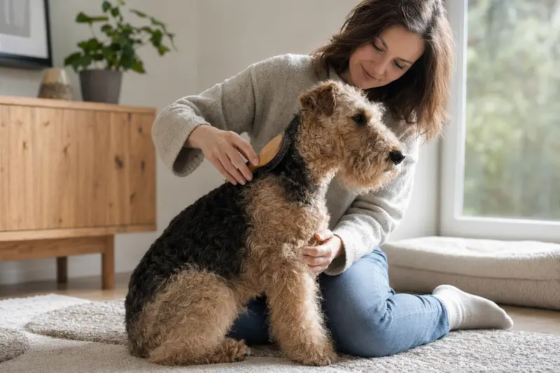 Ein Lakeland-Terrier wird in einer hellen Wohnung liebevoll von seinem Besitzer gebürstet und gepflegt.