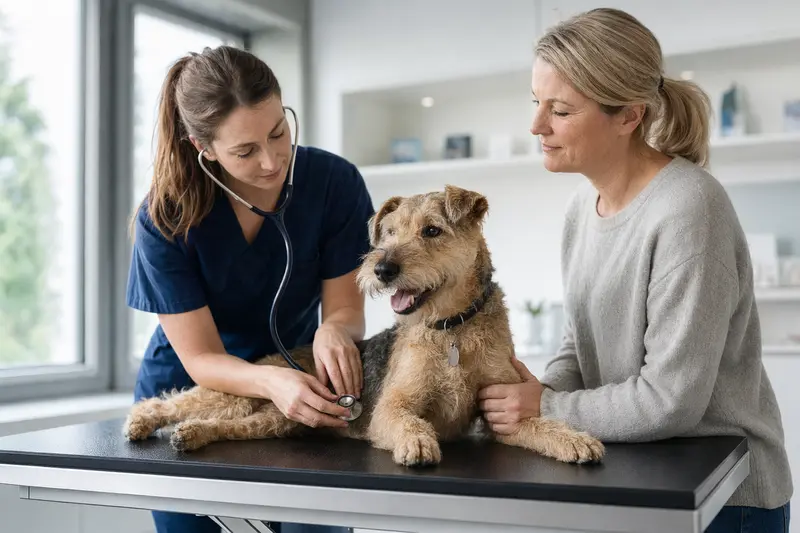 Ein ruhiger Lakeland-Terrier wird von einer freundlichen Tierärztin mit Stethoskop in einer modernen Tierarztpraxis untersucht, während der Besitzer beruhigend daneben steht.