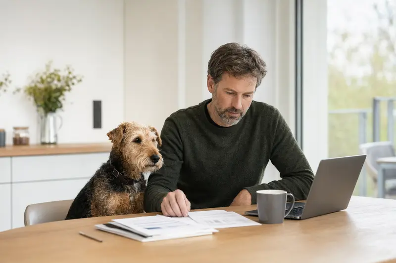 Ein Lakeland-Terrier sitzt ruhig neben seinem Besitzer am Küchentisch mit Versicherungsunterlagen und Laptop.