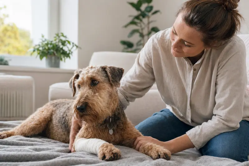 Ein entspannter Lakeland-Terrier mit einem leichten Verband an der Pfote liegt sorglos auf einer Decke neben seinem erleichterten Besitzer.