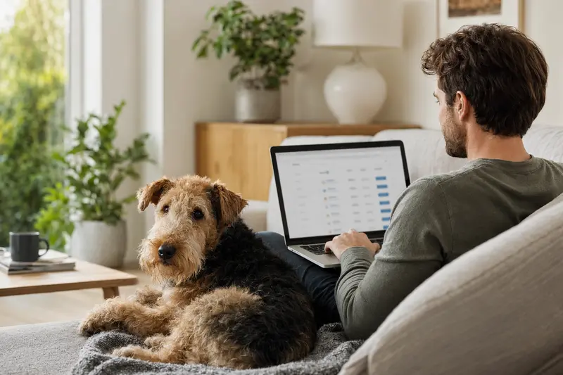 Besitzer mit Laptop auf dem Sofa neben einem Lakeland-Terrier Hund, der eine ruhige und helle Wohnung genießt.