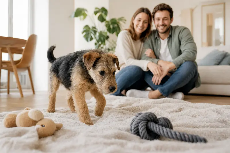 Ein junger Lakeland-Terrier Welpe erkundet neugierig seine neue Wohnung mit weicher Decke und Spielzeug.
