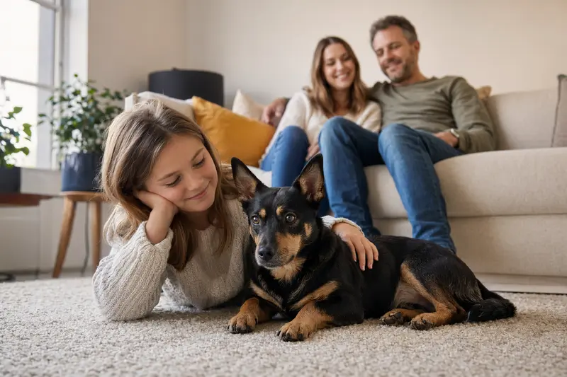 Ein freundlicher Lancashire Heeler liegt entspannt neben einem Kind im Wohnzimmer, während die Eltern im Hintergrund eine helle und sichere Familiensituation schaffen.