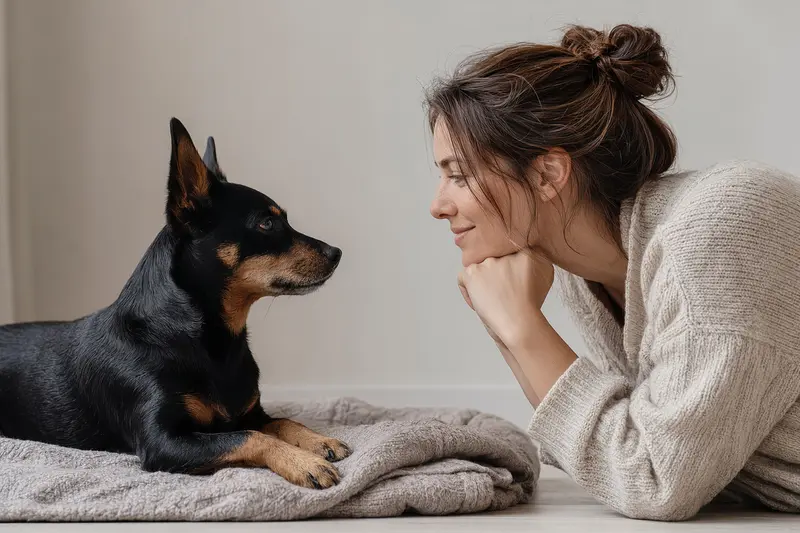 Ein aufmerksam stehender Lancashire Heeler Hund vor hellem neutralem Hintergrund im realistischen Porträt.