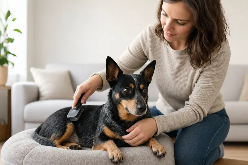 Ein Lancashire Heeler wird in einer hellen Wohnung sanft gebürstet, während der Besitzer liebevoll die Fellpflege übernimmt.