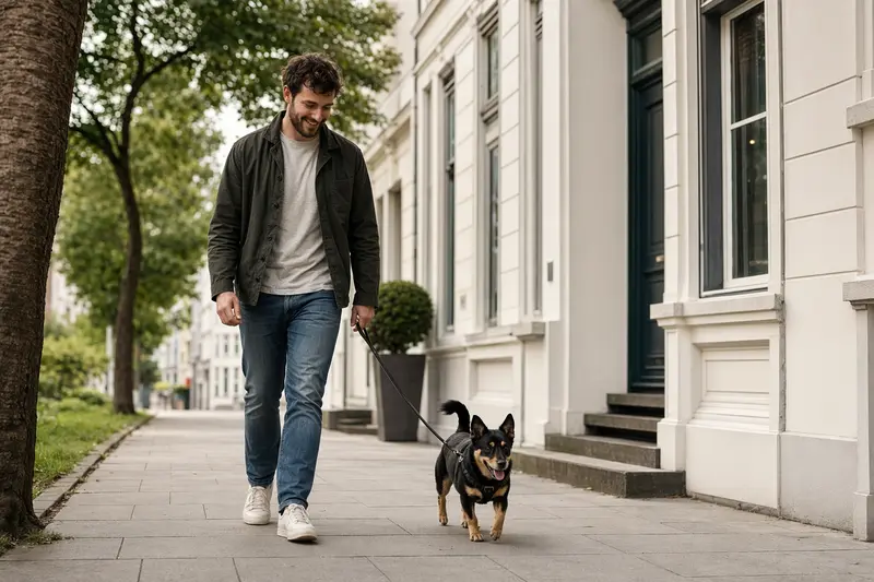 Ein Lancashire Heeler läuft an der Leine mit seinem Besitzer durch eine freundliche Stadtstraße.