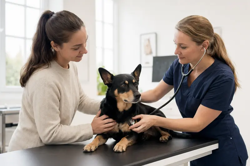 Ein Lancashire Heeler Hund wird von einer Tierärztin auf einem Untersuchungstisch in einer modernen Tierarztpraxis untersucht.