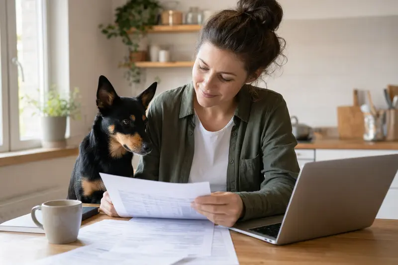 Ein Lancashire Heeler Hund sitzt ruhig neben seinem Besitzer am Küchentisch, auf dem umfassende Versicherungsunterlagen liegen.