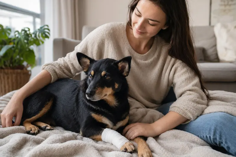Ein Lancashire Heeler mit Verband liegt entspannt neben seinem erleichterten Besitzer in einer lichtdurchfluteten Wohnung.